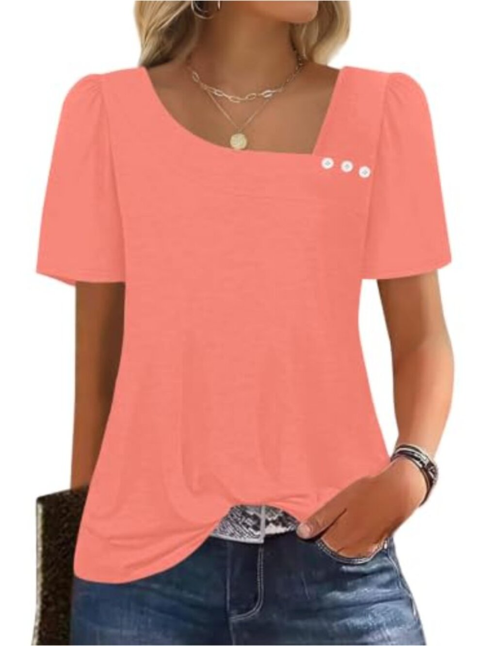 Womens Square Neck Puff Sleeve T-Shirt Loose Fit Summer Top